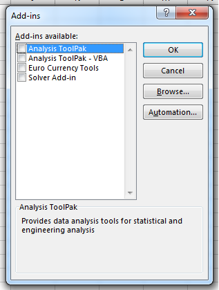 Excel screenshot of the Add-ins dialog box displaying what add-ins are active or inactive by looking at the check-boxes. Currently no boxes are checked.