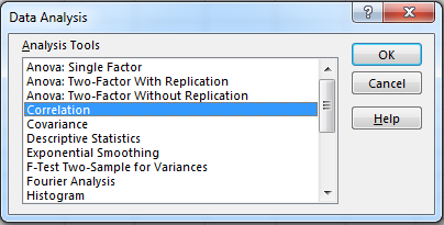 Excel screenshot of Data Analysis button window listing the Analysis Tools available to select. 