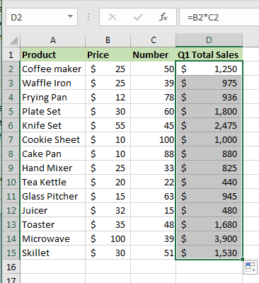 Excel screenshot of department store product sales for quarter one sales with individual product sales totals calculated. 