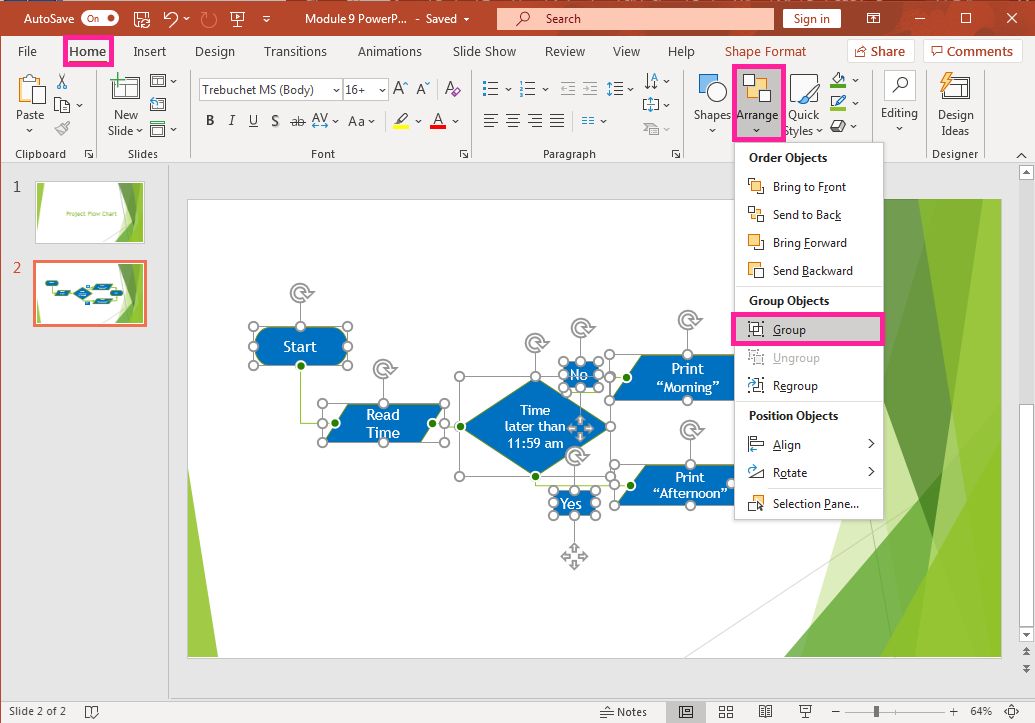 PowerPoint screenshot of flow chart slide with all shapes selected and being grouped. 