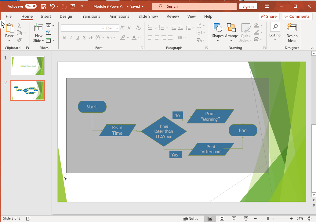 PowerPoint screenshot of flow chart slide with all shapes being selected. 