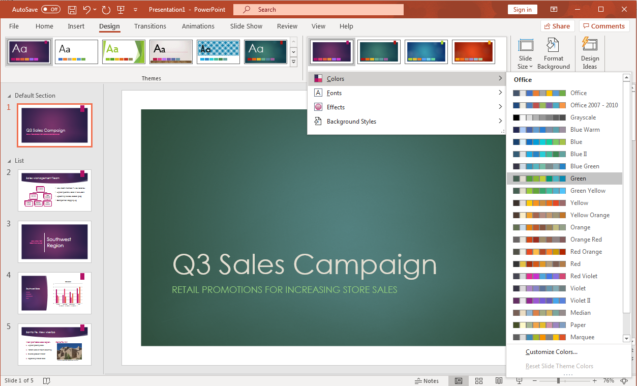 PowerPoint screenshot of open presentation with the color theme menu open to see and a new color for the current slide as the themes are hovered over with the cursor. 