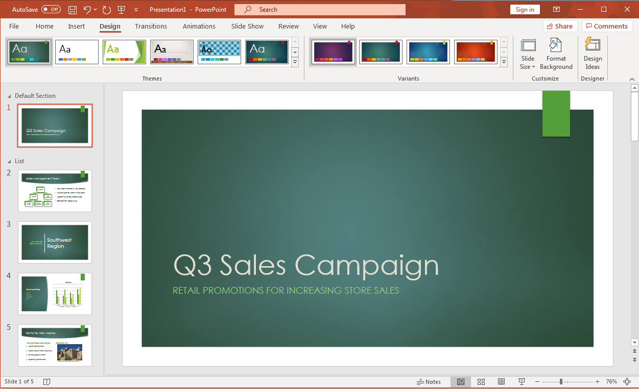 PowerPoint screenshot of open presentation with a new color theme selected and all of the slides now reflecting this color theme.