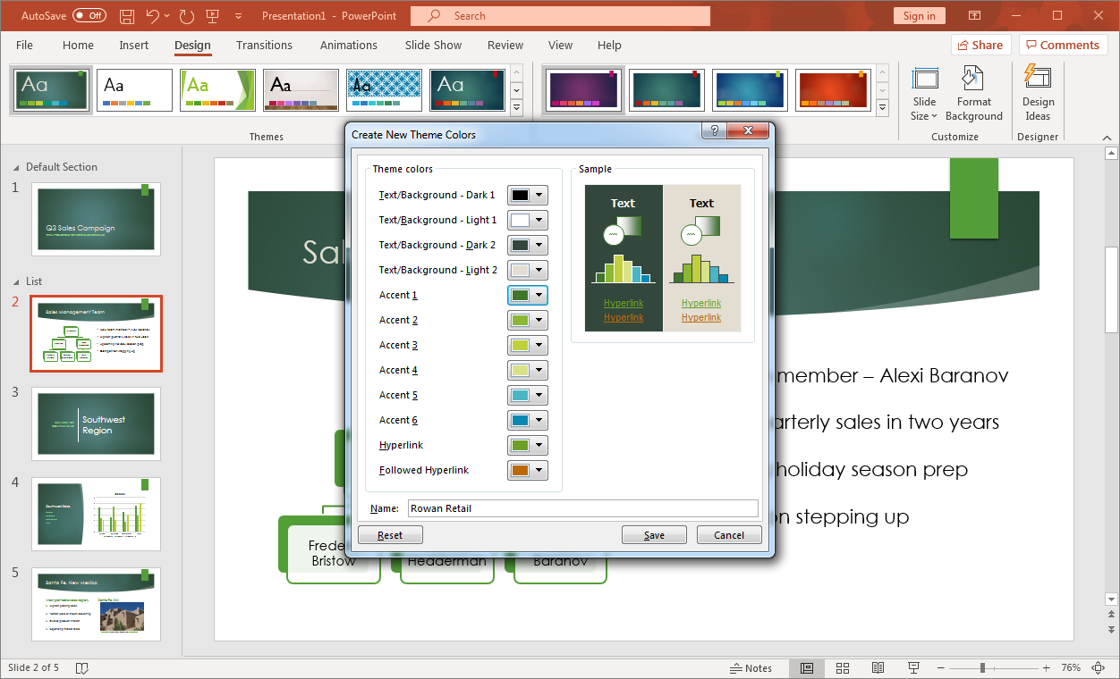 PowerPoint screenshot of open presentation with the create new theme colors window open displaying the options available.