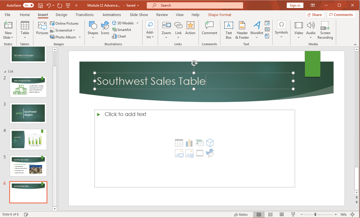 PowerPoint screenshot of open presentation with a new slide ready for adding a table.