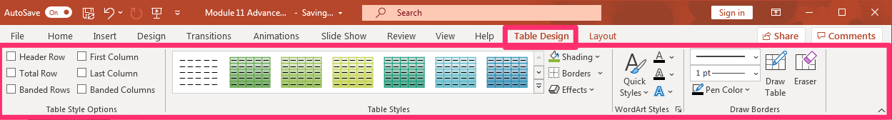 PowerPoint screenshot Table Design tab.