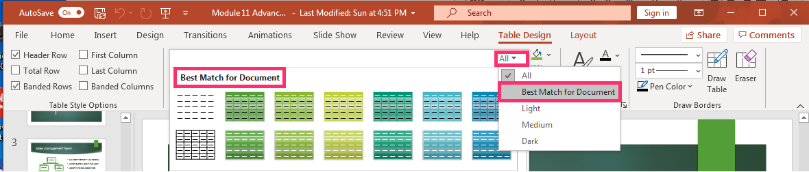 PowerPoint screenshot of Table Design tab showing best match of  table style choices in a drop-down menu.