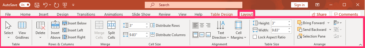 PowerPoint screenshot table Layout  tab.