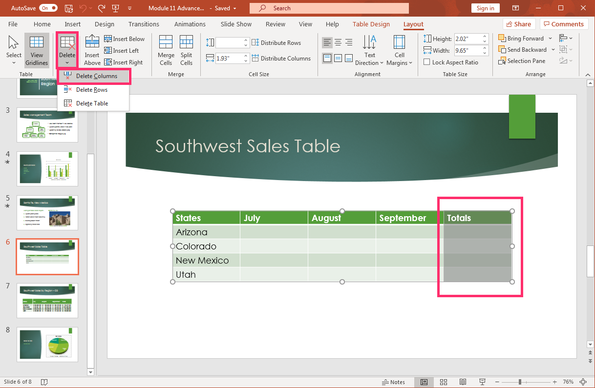 PowerPoint screenshot table Layout  tab with table delete drop-down menu options.