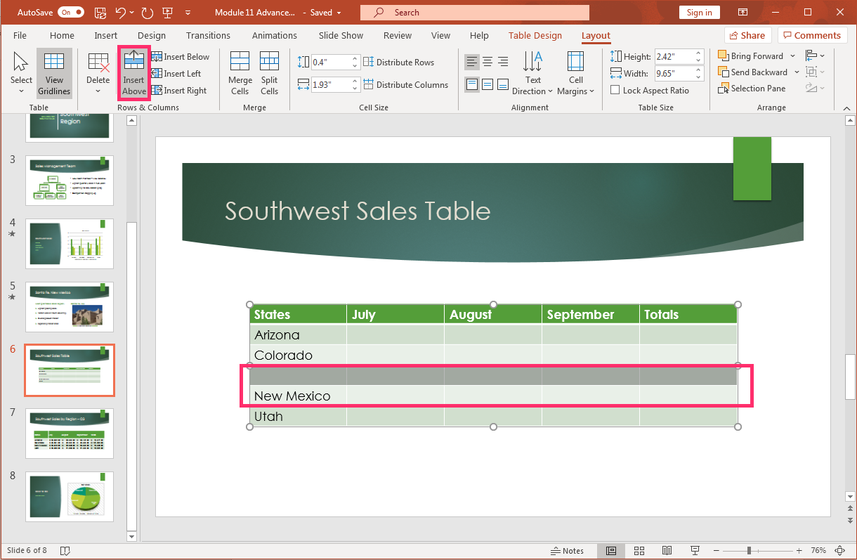 PowerPoint screenshot table Layout  tab, Rows & Columns group, table insert options.