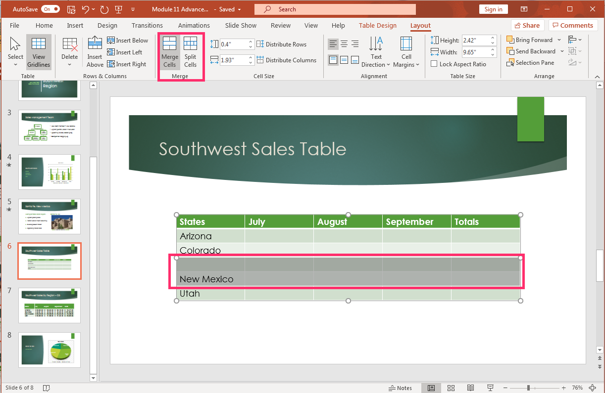 PowerPoint screenshot table Layout  tab, Merge group, merge or split cell options.