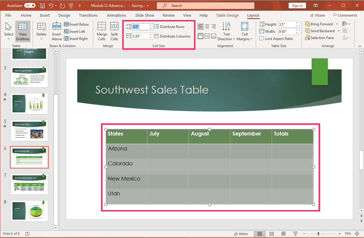 PowerPoint screenshot table Layout  tab, Cell size group, cell sizing options.