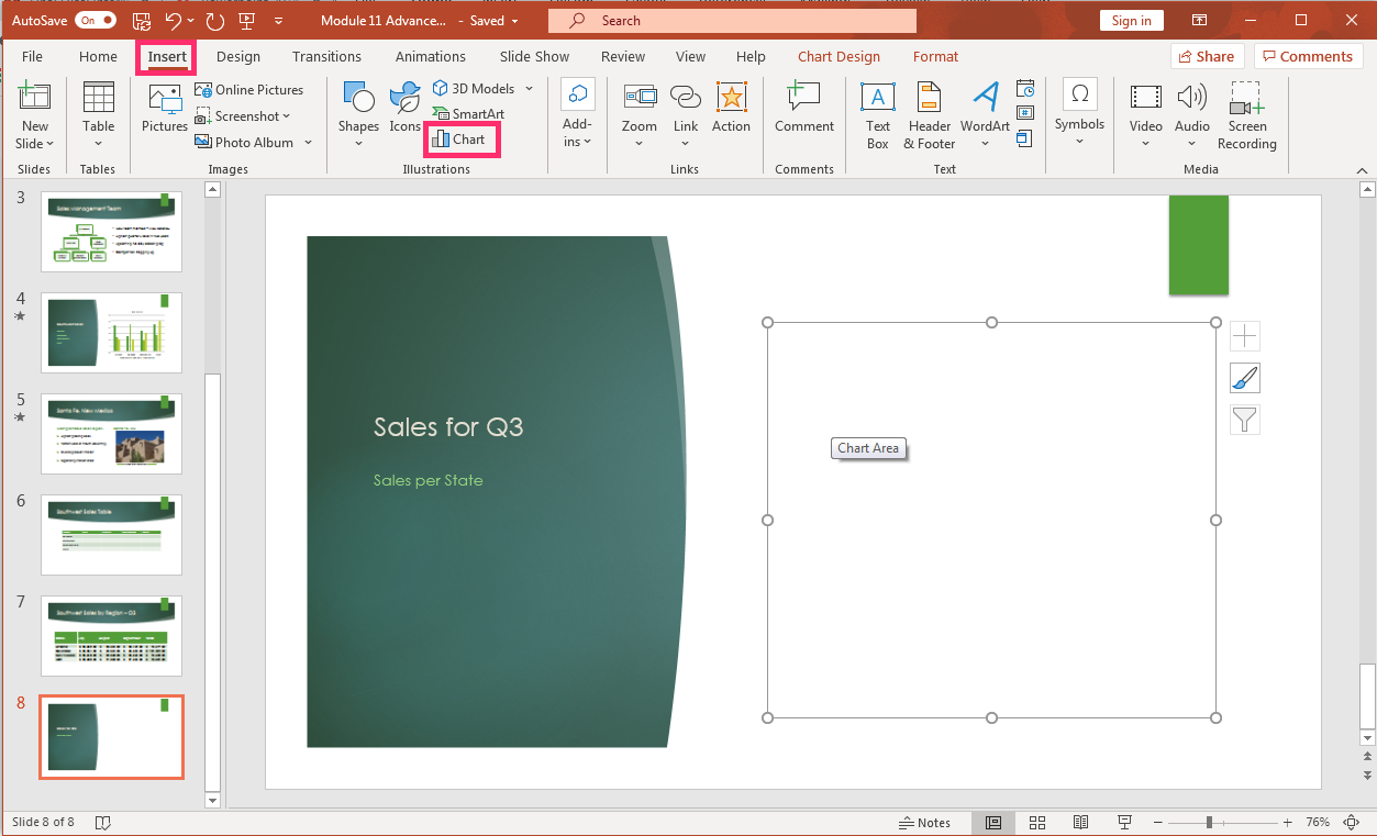 PowerPoint presentation screenshot showing how to insert a chart from Insert tab.