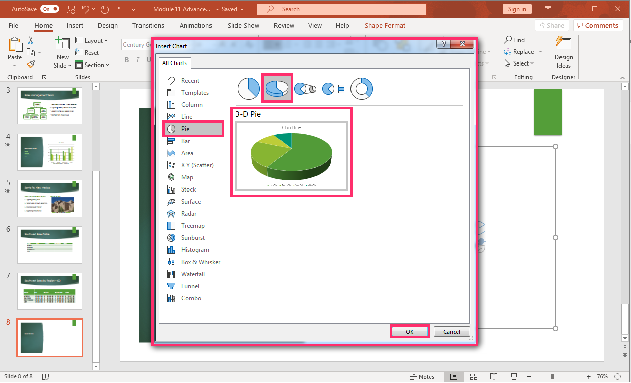 PowerPoint presentation screenshot of chart types with pie chart selected.