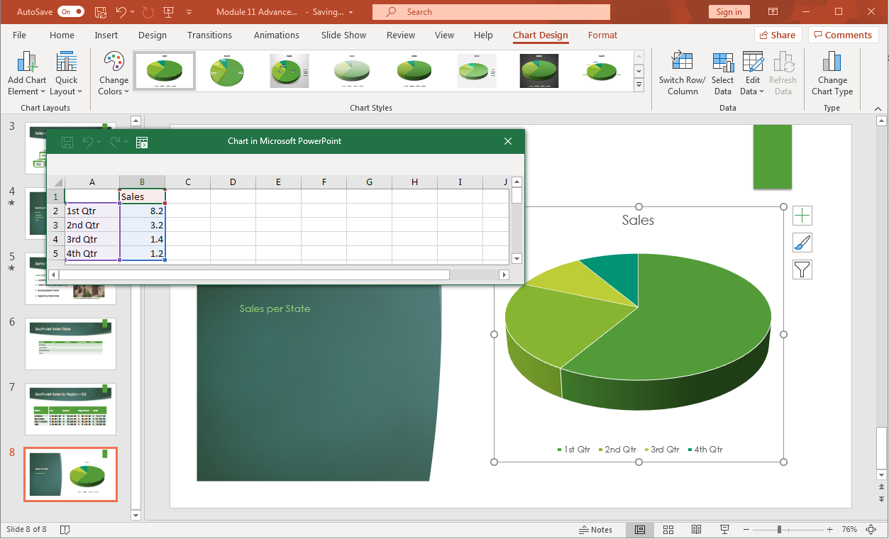 PowerPoint presentation screenshot of pie chart with small spreadsheet window open ready for data entry.