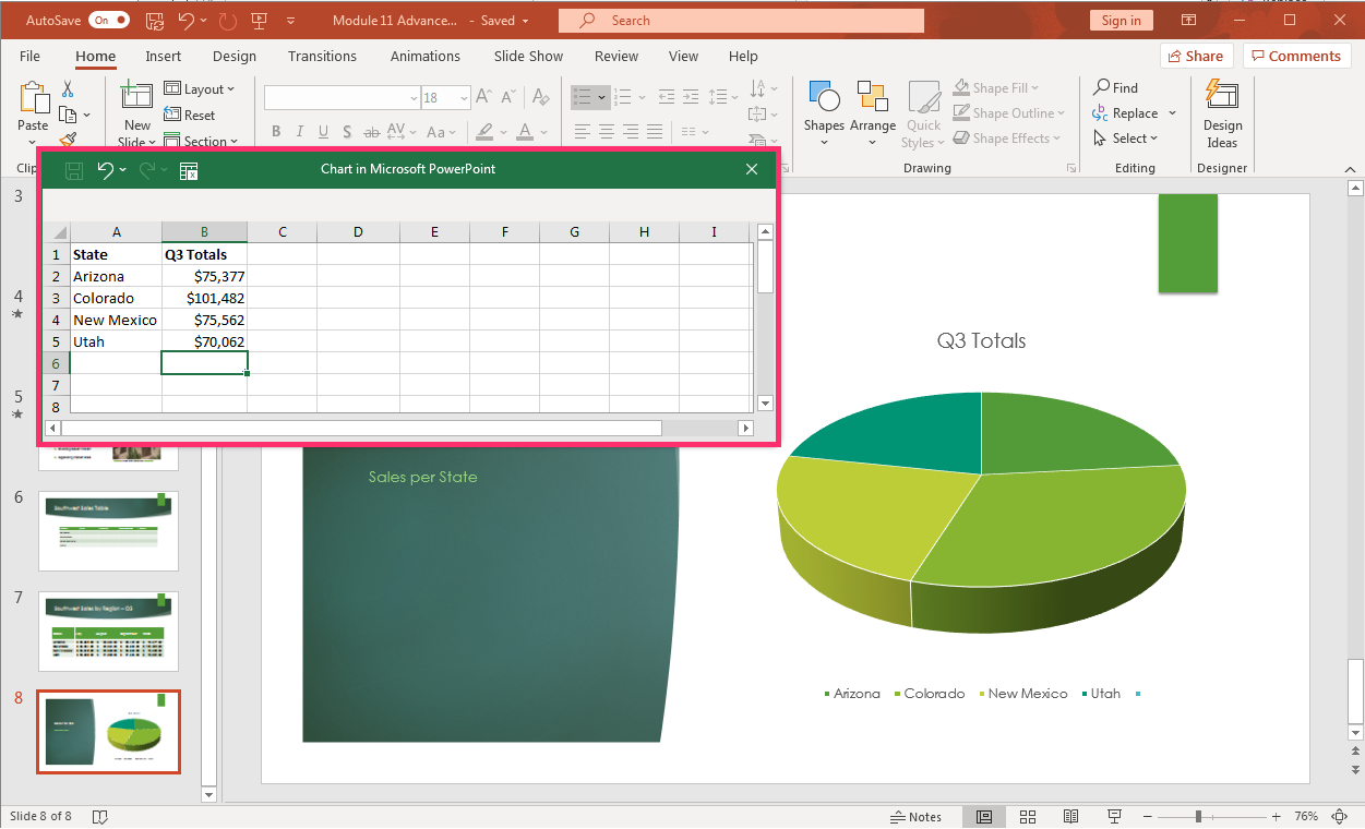 PowerPoint presentation screenshot of pie chart with small spreadsheet window with data entry done.