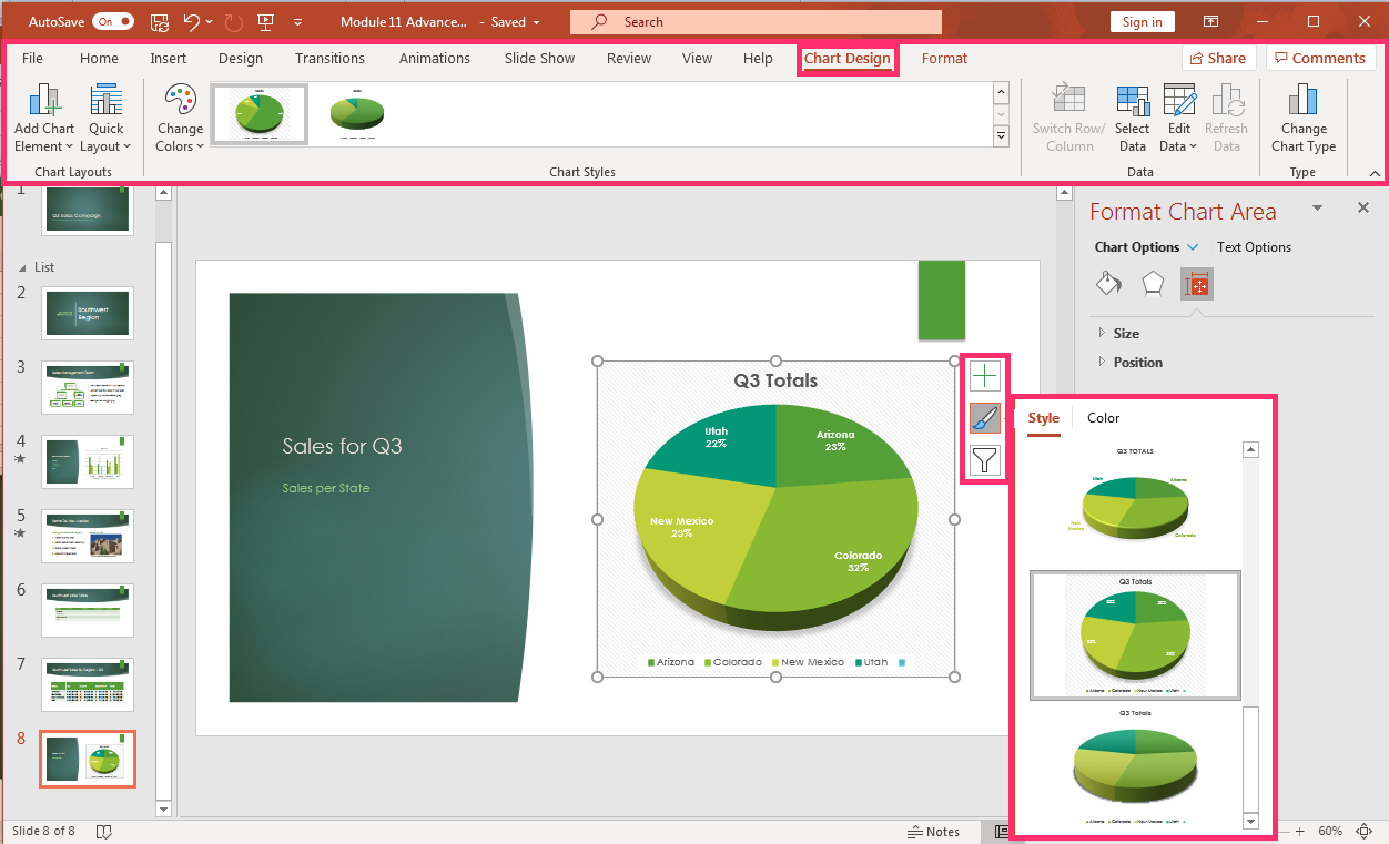 PowerPoint presentation screenshot of pie chart and modification buttons to the right to change style and color of chart.