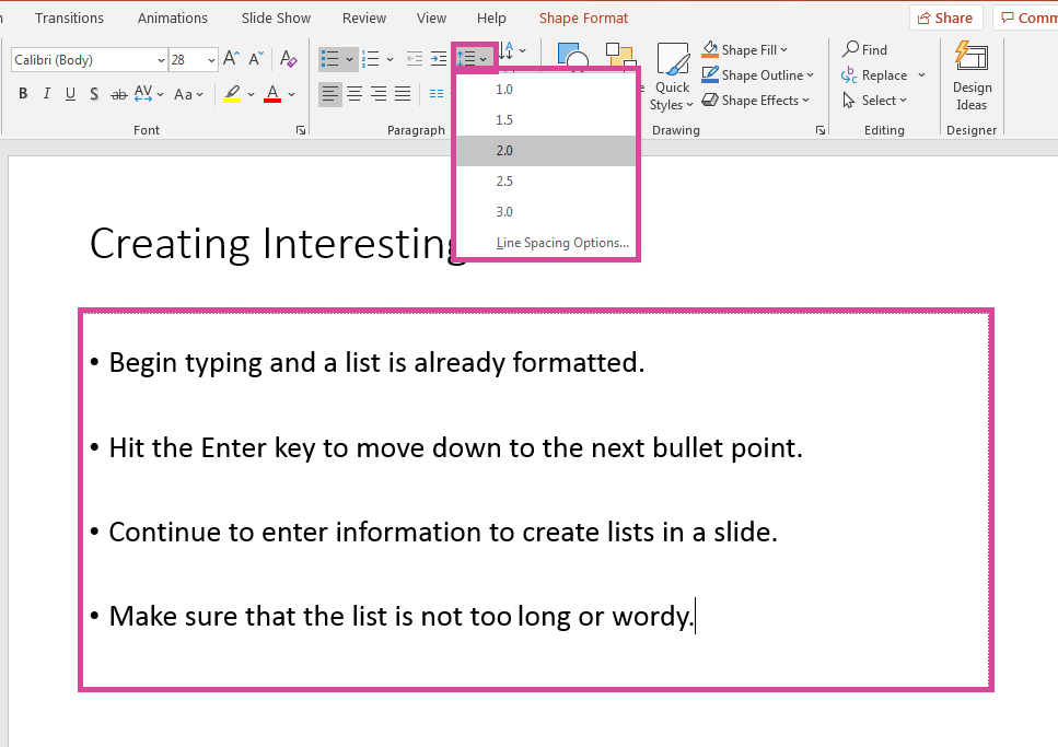 PowerPoint screenshot highlighting  spacing button drop-down menu, 2.0 spacing highlighted, as well as Line Spacing Options selection highlighted.