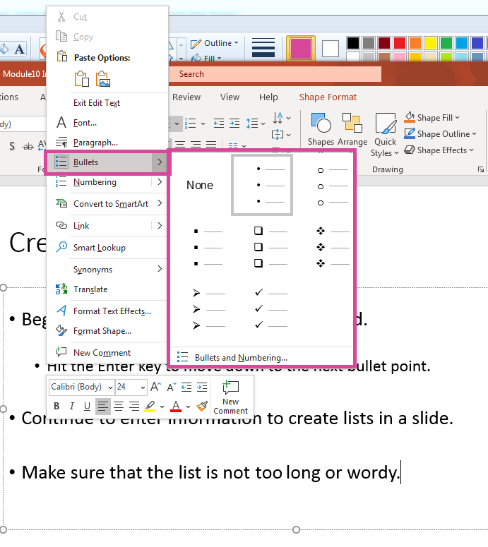 PowerPoint screenshot highlighting  right mouse click menu, bullets menu open and highlighted.