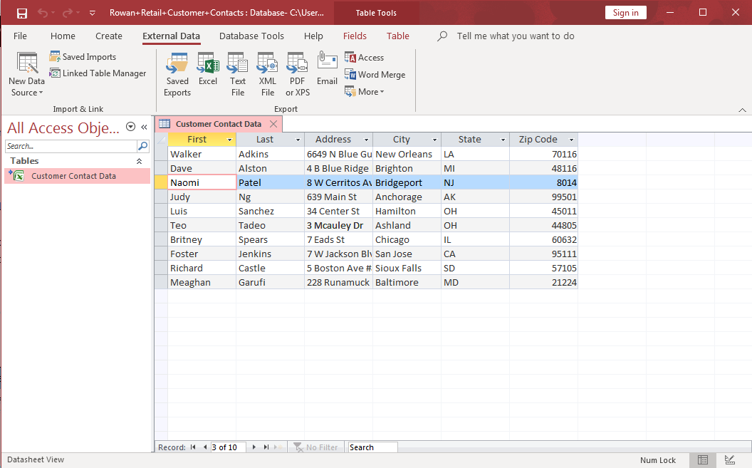 Access screenshot of customer database table.