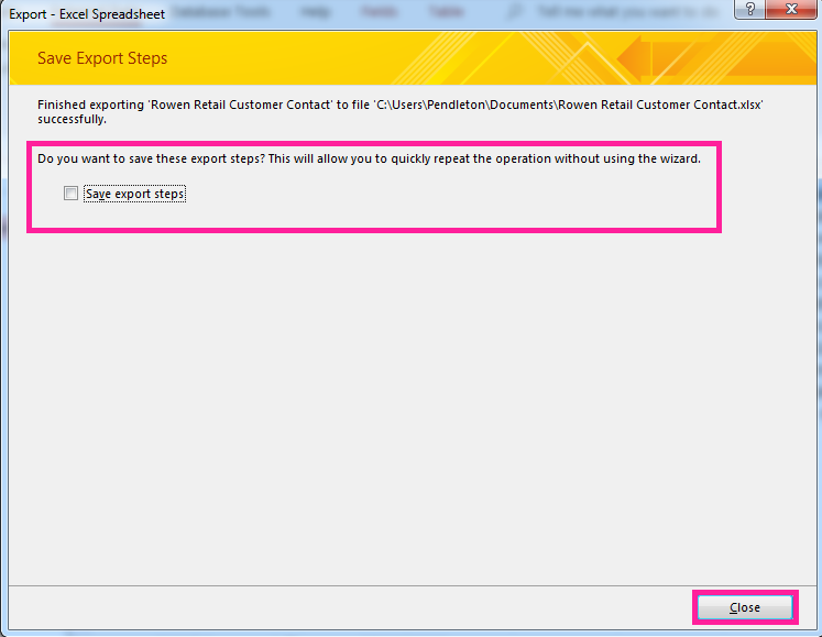 Access screenshot of export to excel spreadsheet wizard window open to select save export steps.