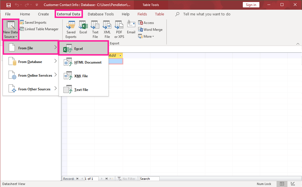 Access screenshot of External Data tab, New Data Source, From File, Excel button highlighted.