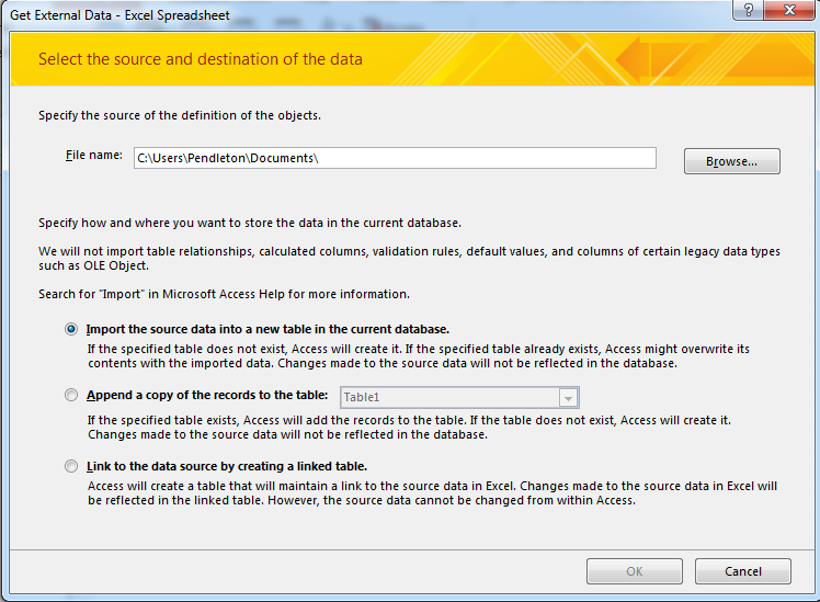 Access screenshot of Get External Data - Excel spreadsheet wizard window open.