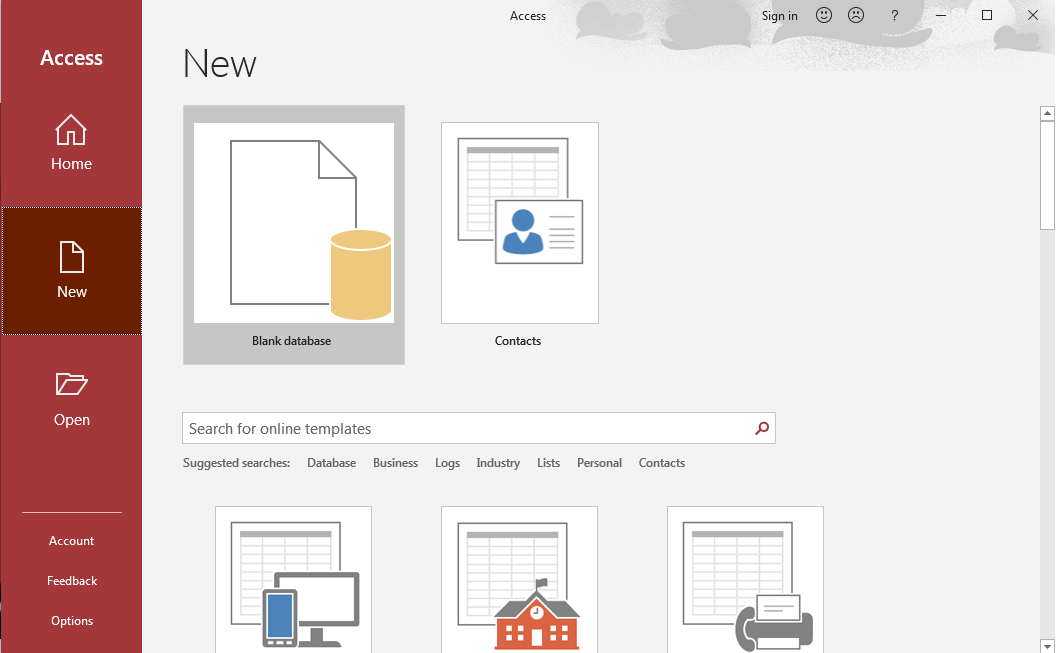 The Microsoft Access New page. Blank database has been selected