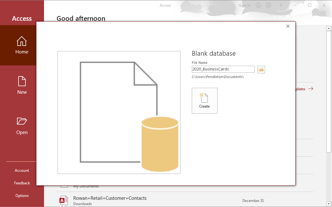 Dialog box for a new database. The file has been named 2020_Business cards