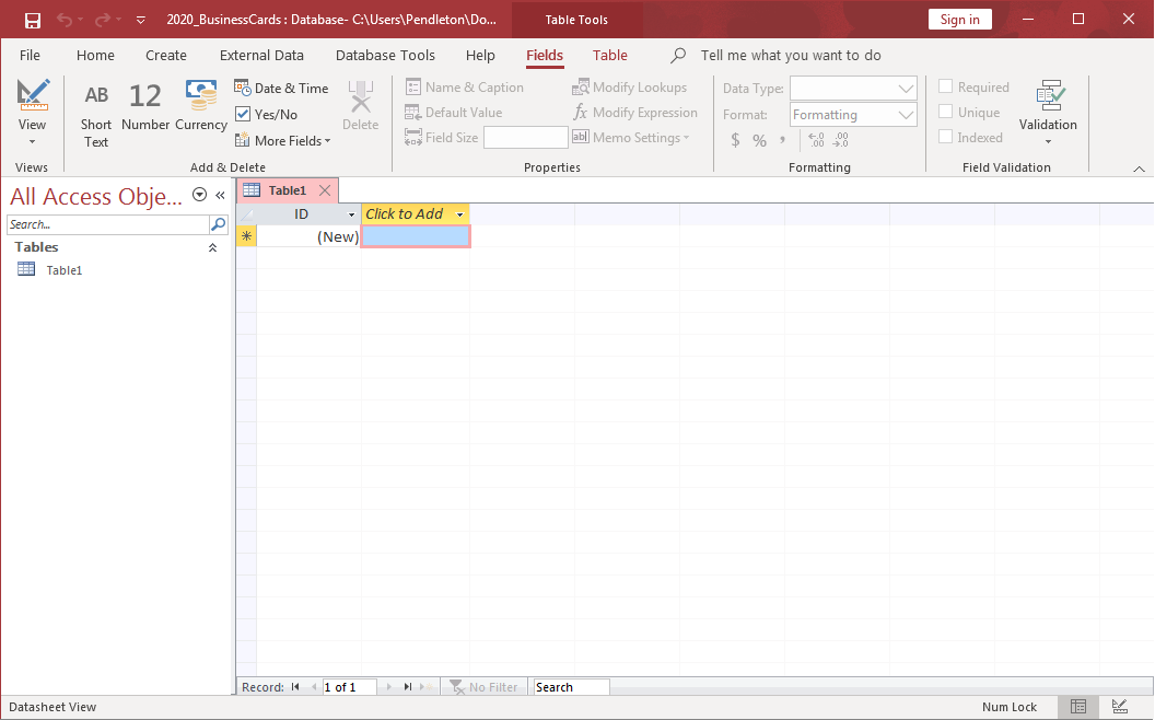 A blank table in Microsoft Access 