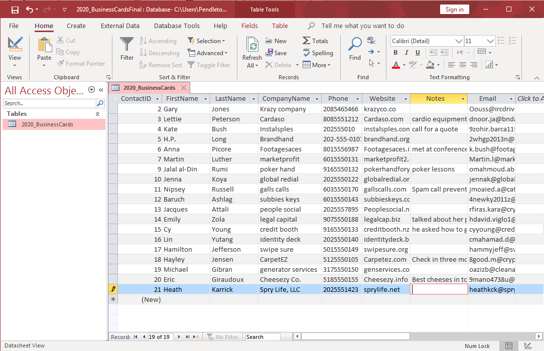 Access database table open showing the addition of the record for Heath Karrick.