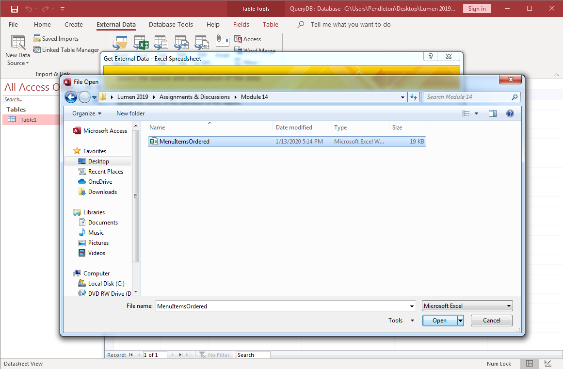 Two overlapping dialog boxes in Microsoft Access. The Get External Data - Excel Spreadsheet dialog box is mostly hidden by the File Open Dialog box. 