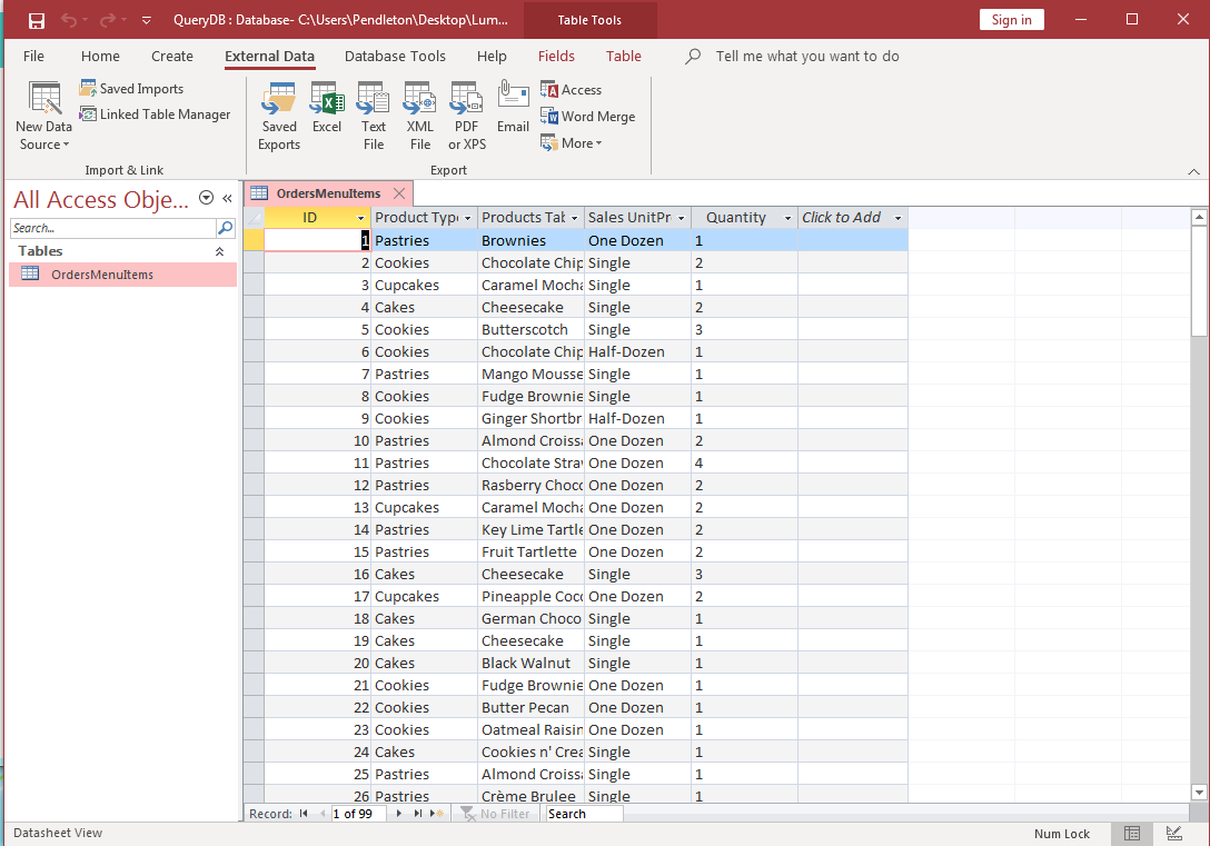 The imported excel data has populated an Access table called "OrdersMenuItems"