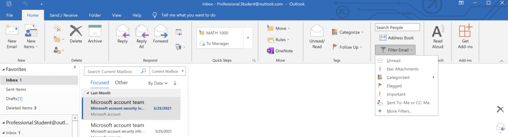 Screenshot of Outlook showing the menu that appears when you click the Filter Email button