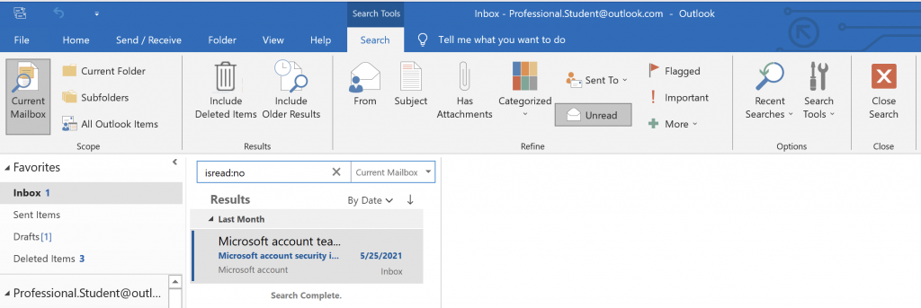 Screenshot of Outlook search box with Filter Email selected