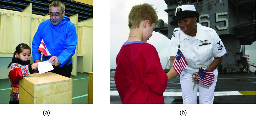 Photo A shows former prime minister of Greenland Hans Enoksen and a child putting a slip of paper in a wooden box. Photo B shows an officer in a navy uniform giving a small American flag to a child.