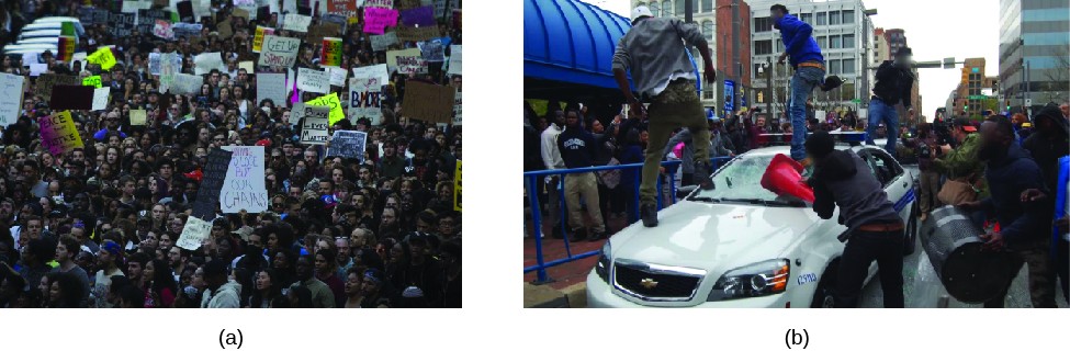 Image A is of a large crowd of people. Some of the people are holding signs. Image B is of a crowd of people. In the foreground three people stand on a car. A fourth person holds a traffic cone against the car’s windshield. In the background is a crowd of people along a road.