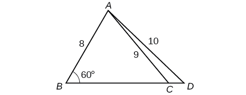 A triangle inside a triangle. The outer triangle is formed by vertices A, B, and D. Side B D is the base. The inner triangle shares vertices A and B. The last vertex C is located on the base side of the outer triangle between vertices B and D. Angle B is 60 degrees, side A D is 10, and side A C is 9.