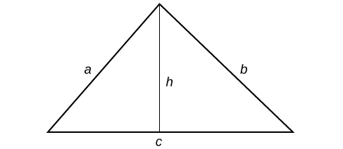 A triangle with sides labeled: a, b and c. A line runs through the center of the triangle, bisecting the top angle; this line is labeled: h.