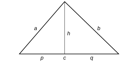 A triangle with sides labeled: a, b, and c. A line runs through the center of the triangle bisecting the angle at the top; this line is labeled: h. The two new line segments on the base of the triangle are labeled: p and q.