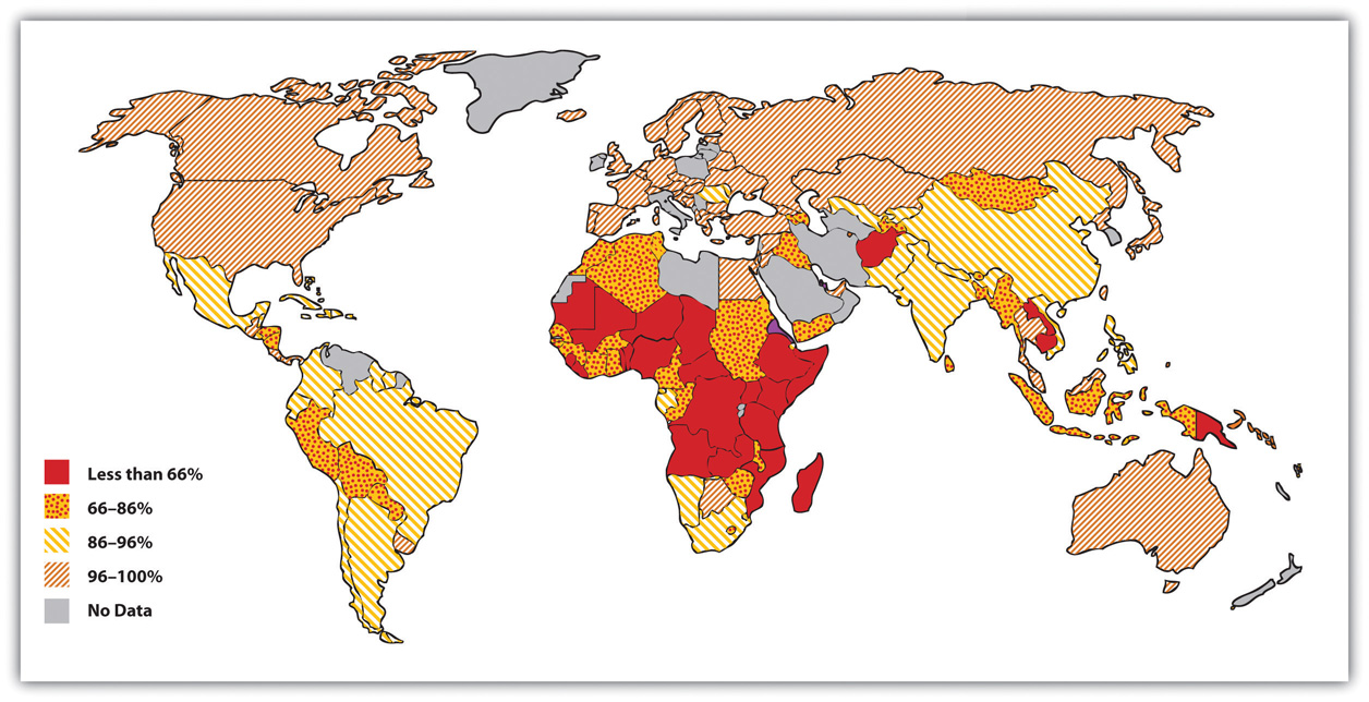 Percentage of Population with Access to Adequate Sanitation Facilities. The worst areas affected (without sanitation facilities) are many parts of Africa