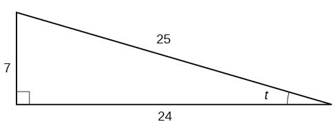 A right triangle with sides of 7, 24, and 25. Also labeled is angle t.