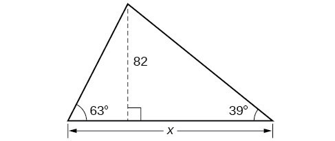 A triangle with angles of 63 degrees and 39 degrees and side x. Bisector in triangle with length of 82.