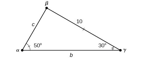 An oblique triangle with standard labels. Angle alpha is 50 degrees, angle gamma is 30 degrees, and side a is of length 10. Side b is the horizontal base.