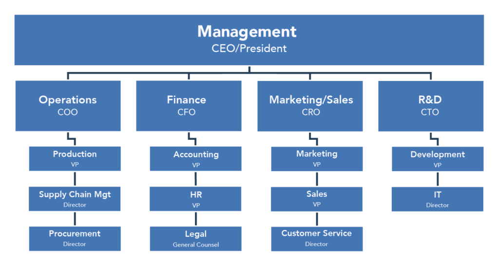 Organization chart showing the key people within functional areas of business. The first level is Management, represented by the CEO or President. The second level, underneath Management, includes Operations, Finance, Marketing/Sales, and Research and Development. Operations is represented by the COO. The level beneath Operations includes Production, Supply Chain Management, and Procurement; these areas are represented by the VP of Production, the Director of Supply Chain Management, and the Director of Procurement. Finance is represented by the CFO. The levels beneath Finance Accounting, Human Resources, and Legal; these areas are represented by the VP of Accounting, the VP of HR, and the General Counsel of Legal. Marketing/Sales is represented by the CRO. The levels beneath Marketing/Sales include Marketing, Sales, and Customer Service; these areas are represented by the VP of Marketing, the VP of Sales, and the Director of Customer Service. Finally, R&D is represented by the CTO. The levels beneath R&D include Development and IT; these areas are represented by the VP of Development and the Director of IT.