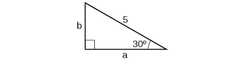 A right triangle with hypotenuse with length 5, and an angle of 30 degrees.