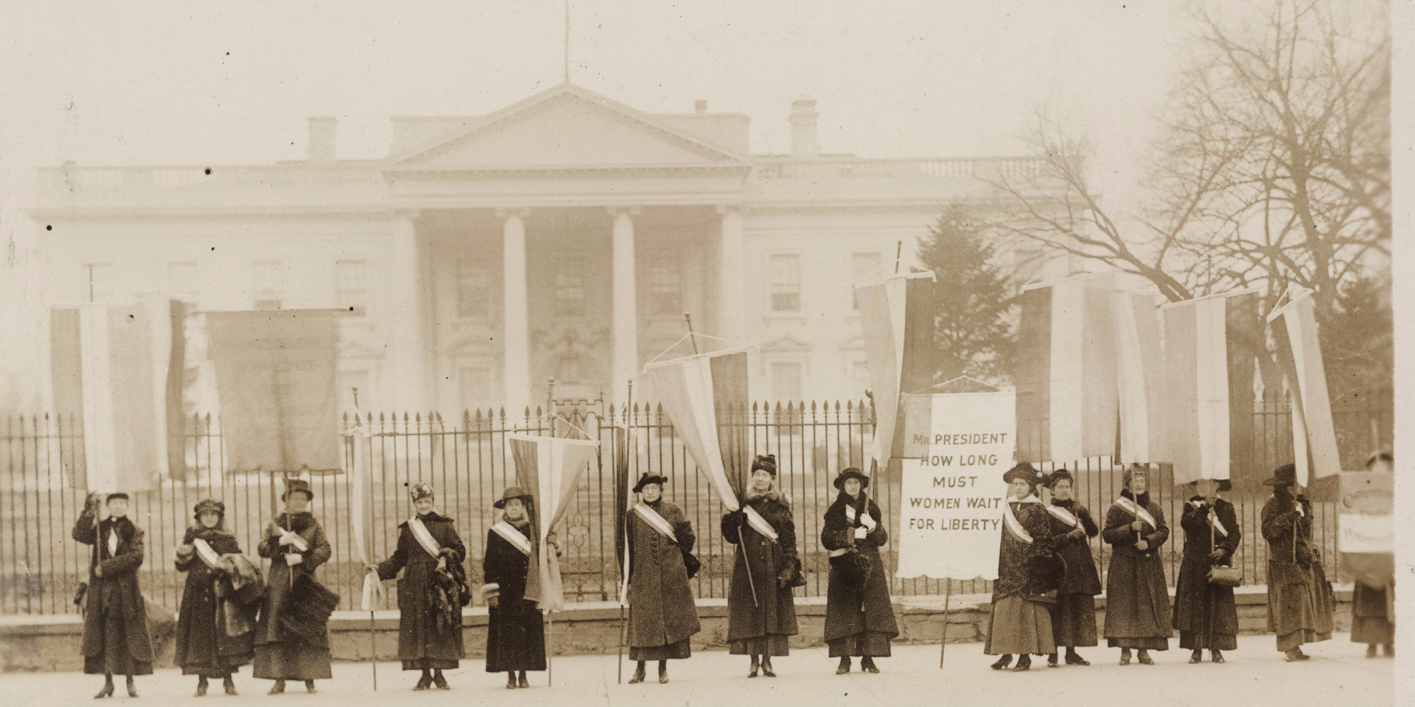 Picket line in 1917 for women's suffrage (vote) from the National Woman's Party Records with the Library of Congress (photography by Harris & Ewing, Washington, D.C.; Library of Congress Collection)