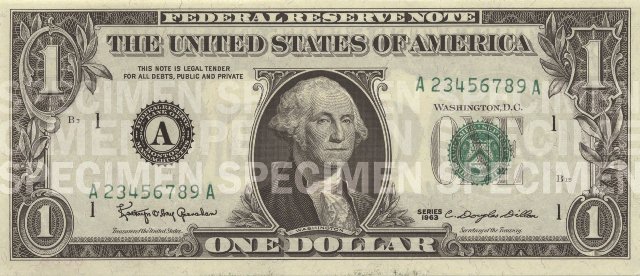 The U.S. Bureau of Engraving and Printing at the U.S. Department of Treasury; https://www.uscurrency.gov/seven-denominations; The first $1 Federal Reserve note was issued in 1963, and its design—featuring President George Washington and the Great Seal of the United States—remains unchanged.
