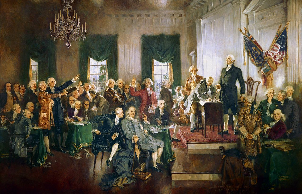 Howard Chandler Christy's interpretation of the signing of the Constitution, painted in 1940. At the Architect of the Capitol at https://www.aoc.gov/art/other-paintings-and-murals/signing-constitution.