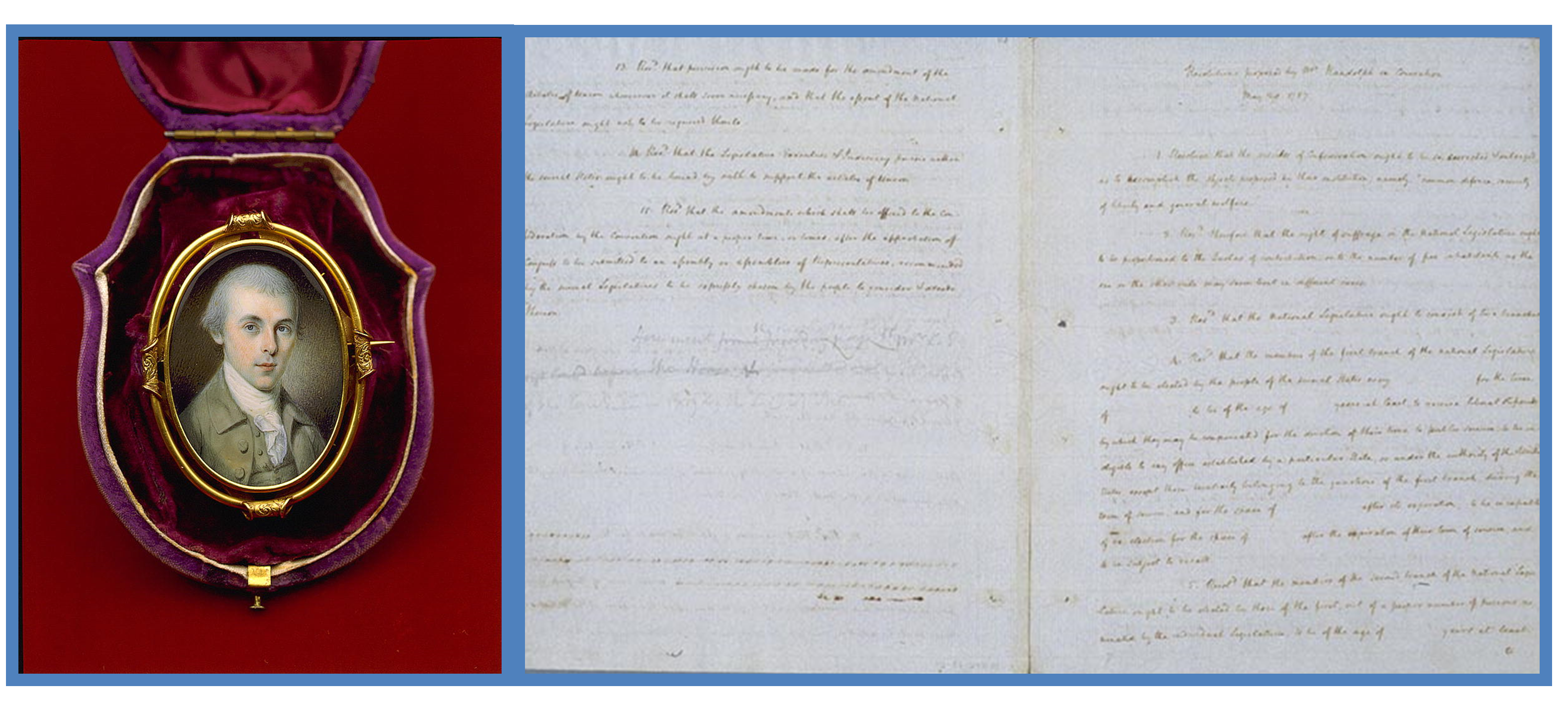 Miniature Portrait of James Madison Alongside a Portion of Notes on the Virginia Plan.